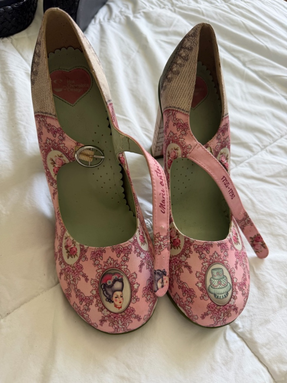 Pink Printed Mary Jane Heels with Cameo Detail